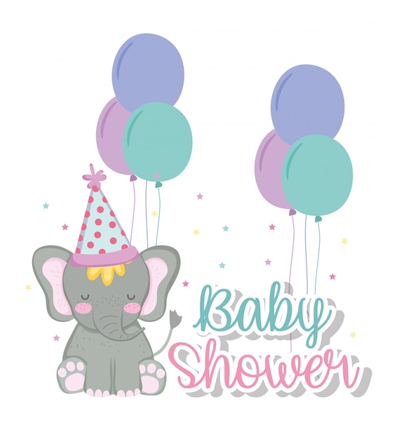 Olifant met ballonnen en feestmuts voor babydouche