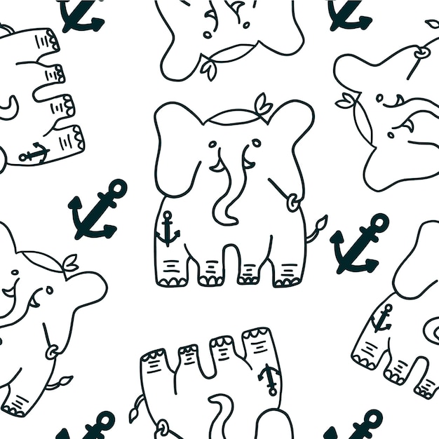 Olifant piraat naadloos patroon in schets doodle stijl