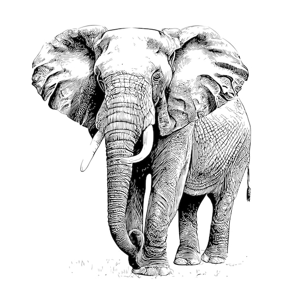 Olifant staande hand getrokken gravure stijl schets vectorillustratie.