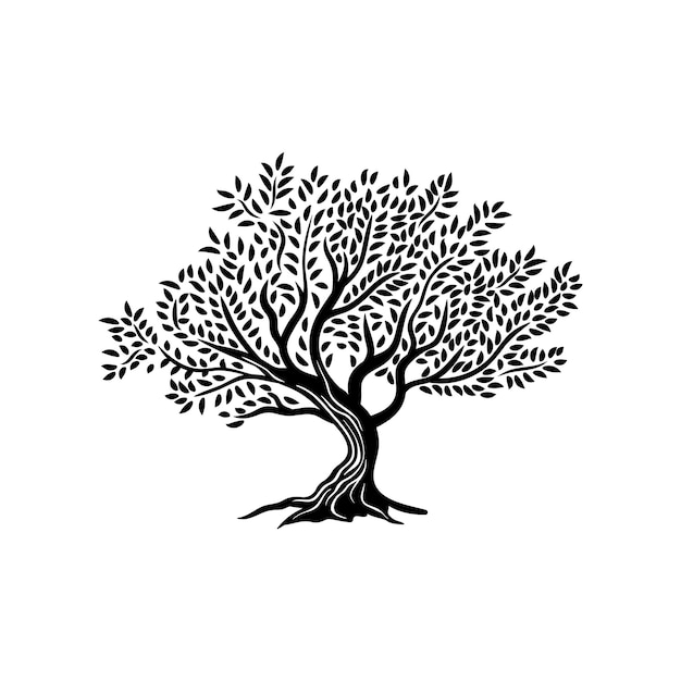 Vector olijfboom geïsoleerd silhouet icoon met bladeren en takken olijfolie van de mediterrane keuken voedsel vector label met zwarte houten kroon en romp grieks italiaans spaanse keuken symbool boerderij embleem