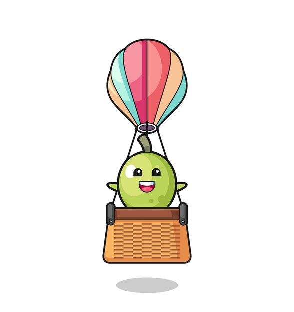 Olijfmascotte rijdt op een schattig ontwerp van een heteluchtballon