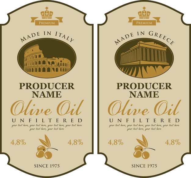 Vector olijfolie-etiketten gemaakt in italië en griekenland
