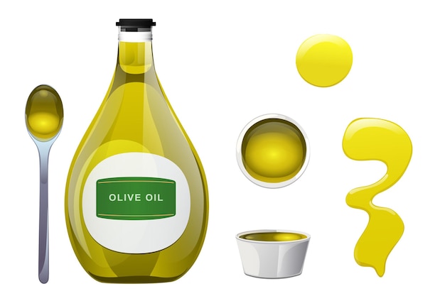 Vector olijfolie glazen fles, vlek, kom en lepel set in cartoon-stijl.