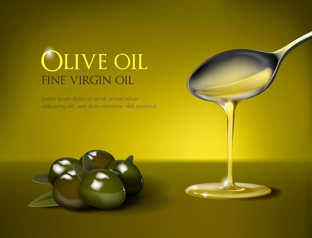 Olijfolie valt van de voedingselementen van de lepel en olijven Ontwerp van olijfolie, natuurlijke cosmetica en gezondheidsproducten met plaats voor tekst en productafbeelding