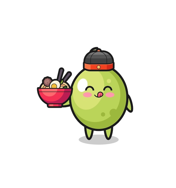 olive as Chinese chef mascot holding a noodle bowl
