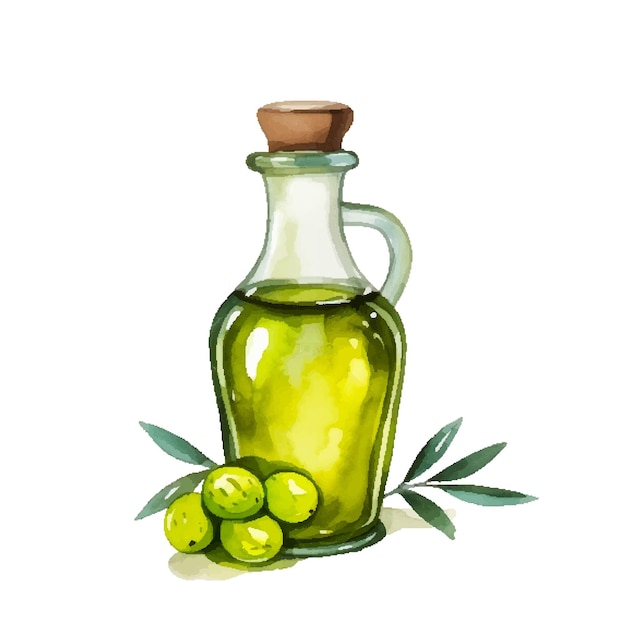 Olive bottle vector illustration hand drawn watercolor painting on white background