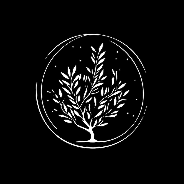 Vector olive branch boho logo white icon of hand drawn sketch dry branch leaves silhouette on black background tshirt print nature label tattoo template isolated vector illustration