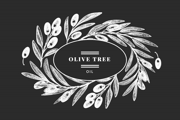 Vector olive branch design template. hand drawn   food illustration on chalk board. engraved style mediterranean plant. retro botanical illustration