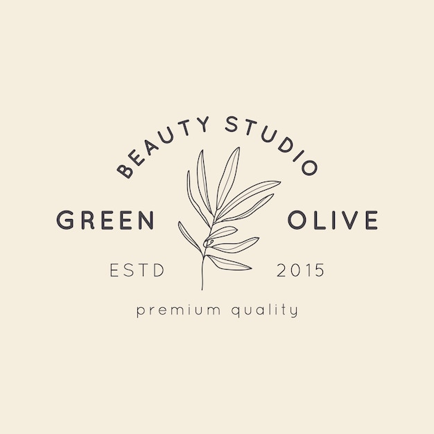 Ramo d'ulivo con foglie e frutta modello di progettazione del logo in semplice stile lineare minimale. segni vettoriali femminili astratti con illustrazione floreale per studio di bellezza, salone spa, cosmetici biologici