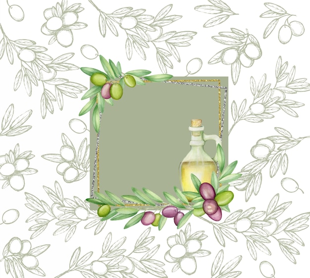 Оливковые ветви оливковое масло Концепция акварели на изолированном фоне зеленый Оливковые ветви и ягоды контурный рисунок