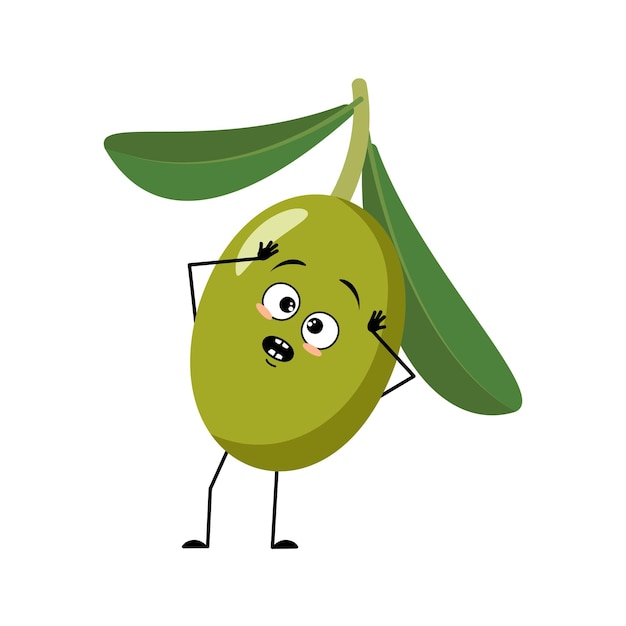 Olive character with emotions in panic grabs his head surprised face shocked eyes arms and legs Person with scared expression fruit emoticon Vector flat illustration
