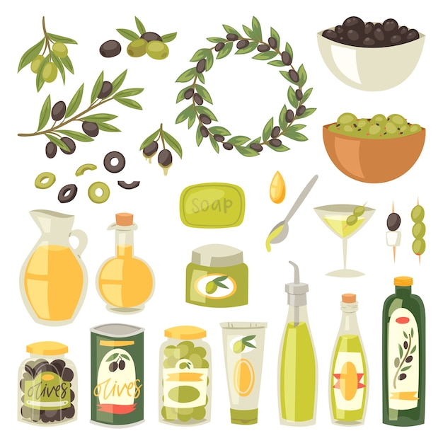 Insieme dell'illustrazione degli ingredienti di oliva