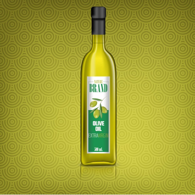 Vector olive oil ad with some of its nutrients and olive fruit elements 3d illustration