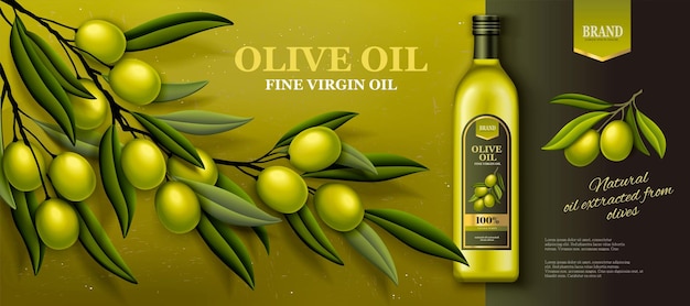 Vettore annunci banner di olio d'oliva con ramo d'ulivo fresco nell'illustrazione 3d