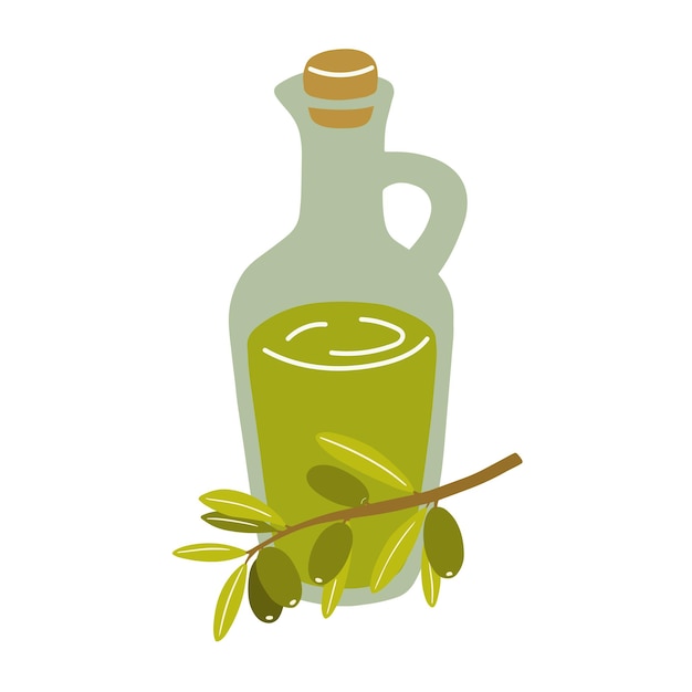 olive oil bottle in cartoon style with olive branch