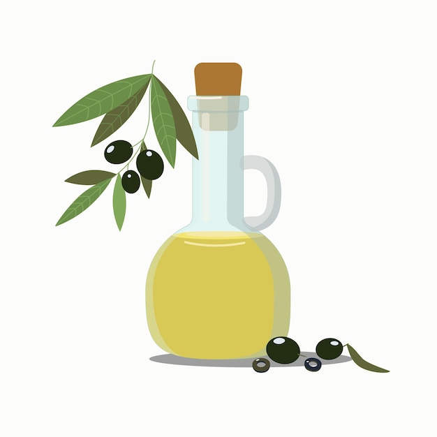 Bottiglia di olio d'oliva e ramo d'ulivo con foglie e olive illustrazione piatta vettoriale x9
