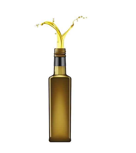 Vector olive oil bottle with splashes pour olive oil isolated 3d vector realistic glass flask overflow with golden liquid captured in the air promising culinary excellence of mediterranean indulgence