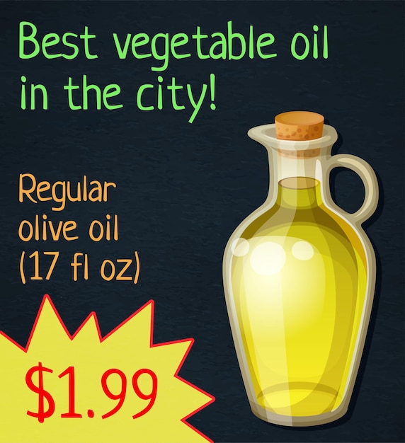 オリーブオイルのアニメスタイル 植物油のベクトルアニメデザイン 黒い黒板の背景のグラフィック
