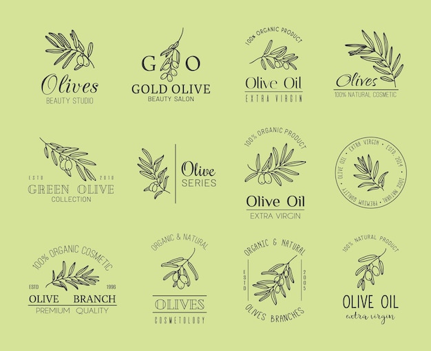 Olive oil cosmetic icons of leaf branch and olives