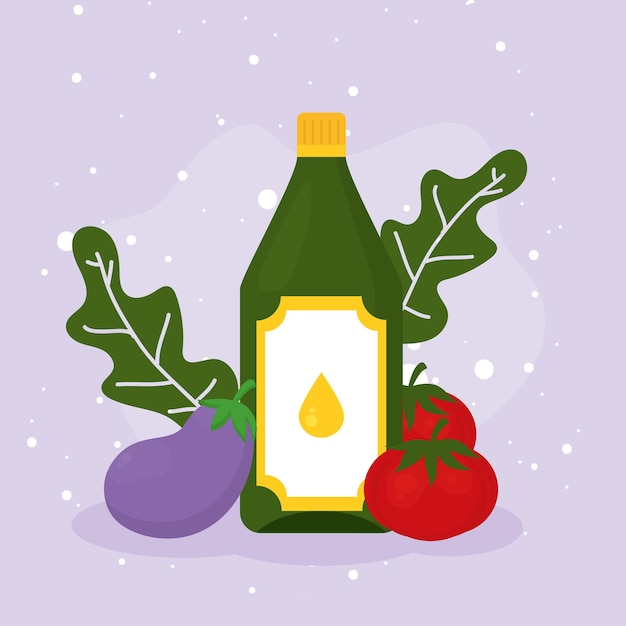 Olive oil eggplant and tomatoes on purple background