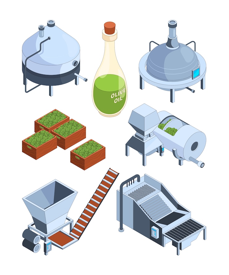 Vector olive oil extraction, greek balck and green olive oil production industry farm food press manufacturing isometric icons