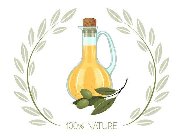 Olive oil in a glass bottle and a sprig of olive Food icon Vector illustration Isolated on white Cartoon style