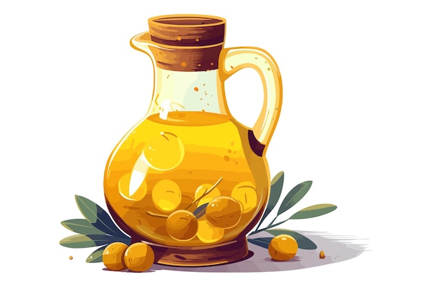 Olive oil in glass pitcher corked bottle Isolated on background Cartoon vector illustration