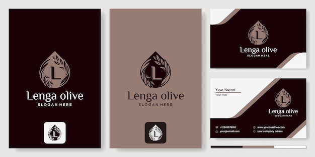 Логотип оливкового масла с концепцией L листьев и воды, органический продукт. Вектор оливковая ветвь с логотипом листьев и костянок. Современный логотип оливкового масла