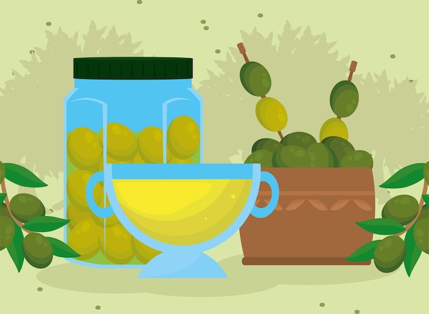 Vector olive oil mason jar and products