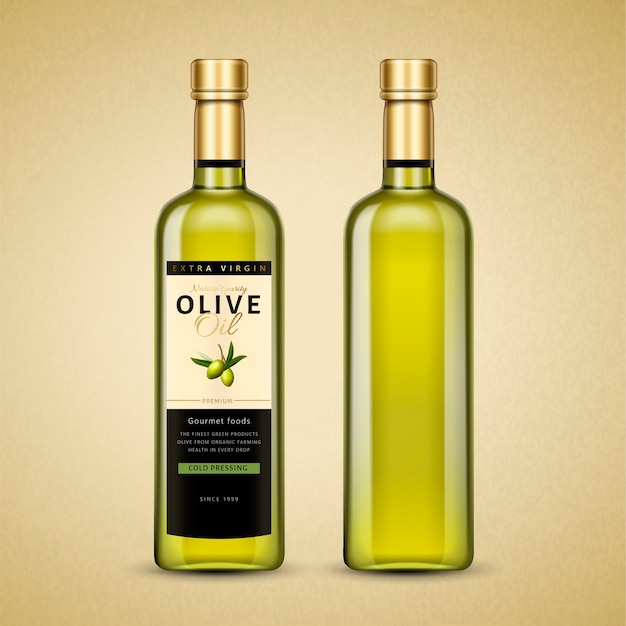 Vettore pacchetto di olio d'oliva, prodotto a base di olio squisito nell'illustrazione con etichetta per usi di design
