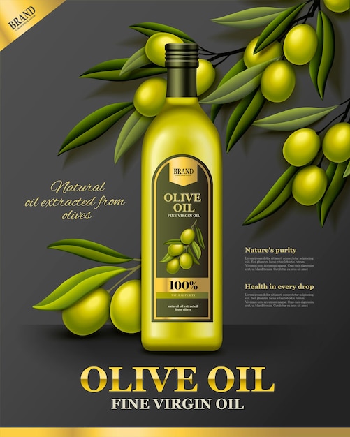 Olive oil poster ads with fresh olive branch in 3d illustration