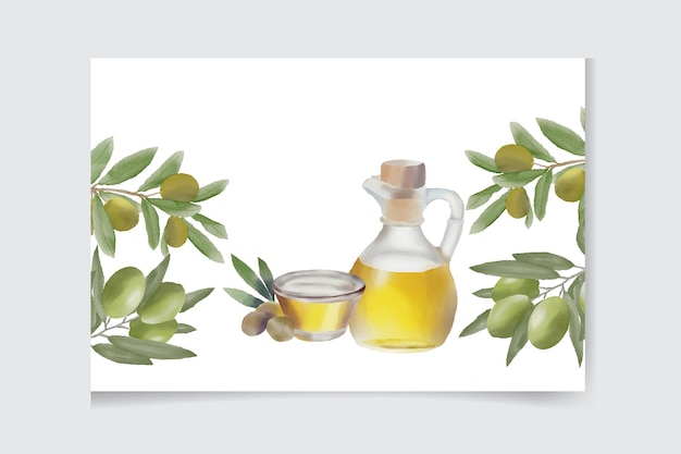 Olive oil pourer with watercolor branch of green olives decorative background poster