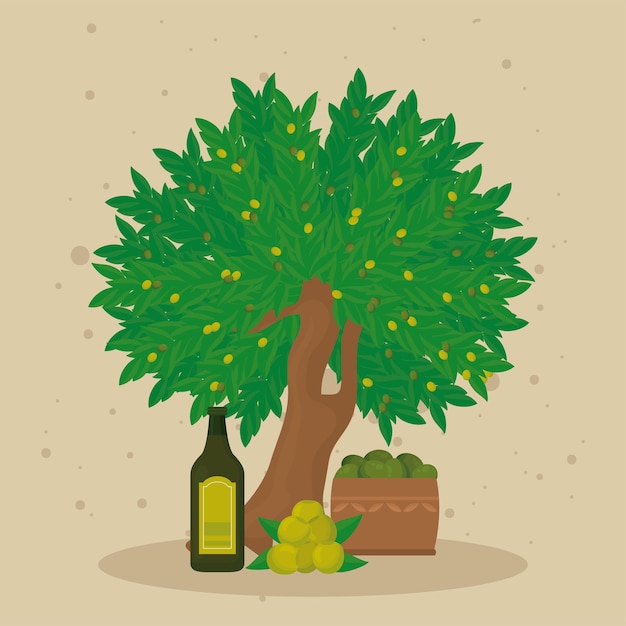 Vector olive oil tree and products