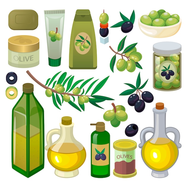 Bottiglia di olio d'oliva con olio vergine e ingredienti olivacei naturali per set di illustrazione di cibo vegetariano di olivebranch o prodotti olivet isolato su sfondo bianco