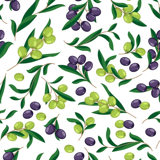 Vector olive pattern seamless background with olives on tree branch cartoon floral print of mediterranean fruit for wrapping paper textile fabric vector texture