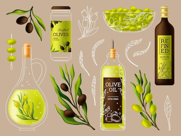 Vector olive products oil ingredients nature olives purity food greek symbols collection fresh raw in bowl bottle and jars swanky vector branches