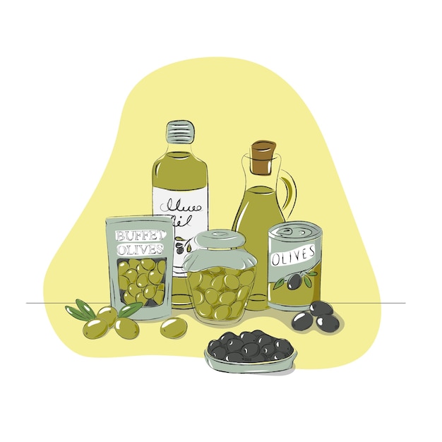 Vector olive products on the shelf olive oil in the bottle canned olives olives for buffet olives