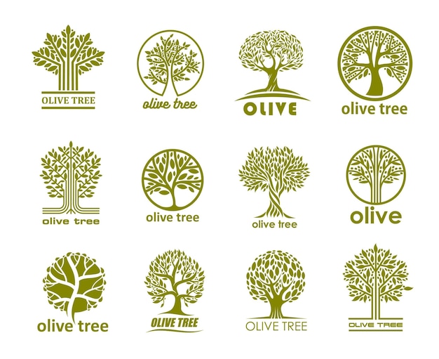 Olive tree icons olive oil labels for organic natural food vector symbols Olive tree silhouettes in circle with green plant leaf for extra virgin oil signs eco farm garden and nature park