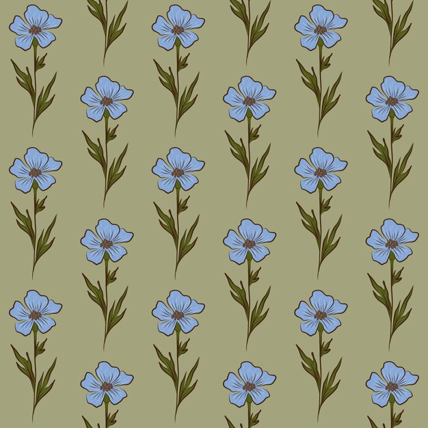 Vector olive vector seamless background with light blue flax wildflowers