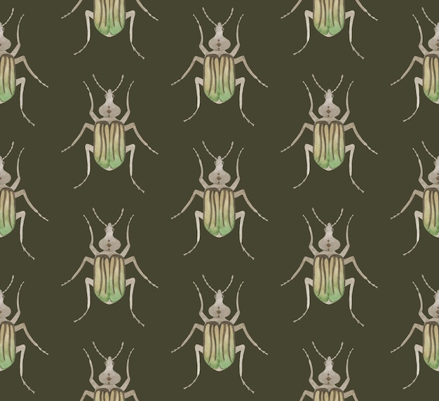 Vector olive vector seamless pattern with watercolor beetles