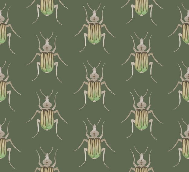 Olive vector seamless pattern with watercolor beetles