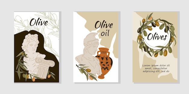 Olives and olive oil creative designs and packaging ideas set with vector elements