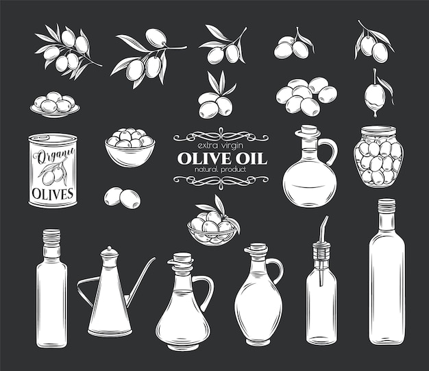Set di icone di glifo con olive e olio d'oliva. rami di albero isolati, bottiglia di vetro, brocca, distributore di metallo con olio. stile retrò, illustrazione.