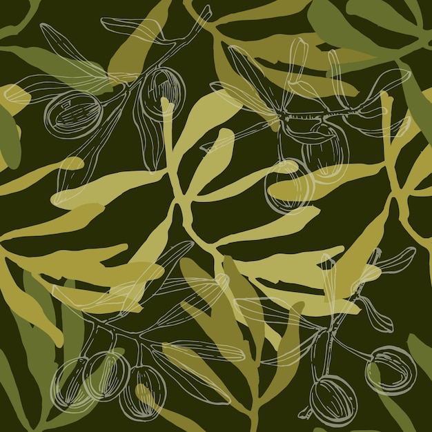 Vector olives seamless pattern with olive branches and leaves