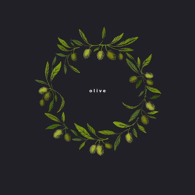 Olives wreath. graphic texture illustration in grunge style. vintage design