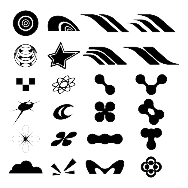 ollection of abstract graphic geometric symbols and objects in y2k style Retro futuristic elements
