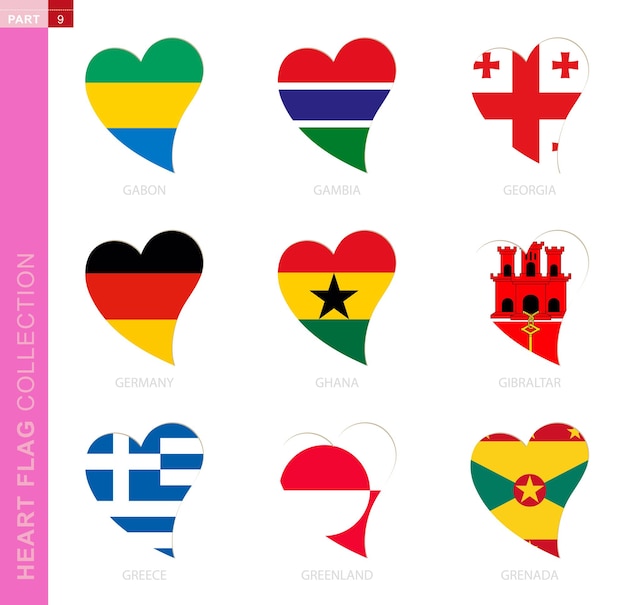 Сollection of flags in the shape of a heart 9 heart icon with flag of country gabon gambia georgia germany ghana gibraltar greece greenland grenada