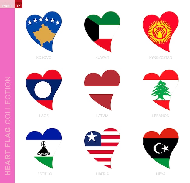 Сollection of flags in the shape of a heart 9 heart icon with flag of country kosovo kuwait kyrgyzstan laos latvia lebanon lesotho liberia libya