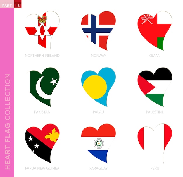 국가 북아일랜드 노르웨이 오만 파키스탄 팔라우 팔레스타인 파푸아뉴기니 파라과이 페루의 국기가 있는 하트 9 하트 아이콘 모양의 플래그 모음