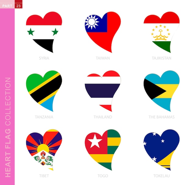 Сollection Of Flags In The Shape Of Heart 9 심장 아이콘 국가의 국기와 함께 시리아 대만 타지키스탄 탄자니아 태국 바하마 티베트 토고 토켈라우